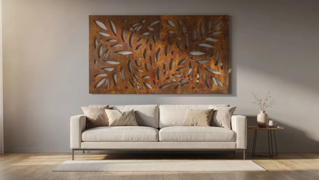 Metalowa dekoracja ścienna w idealnym rozmiarze nad sofą w nowoczesnym salonie