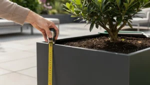 Mierzenie wysokości donicy metalowej miarką w nowoczesnym ogrodzie