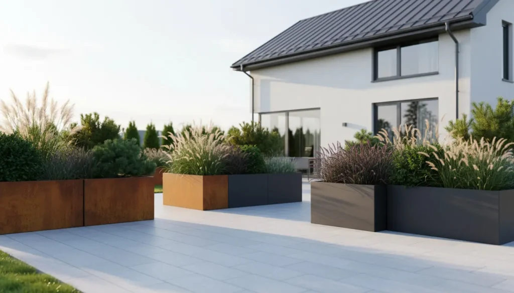 Nowoczesny ogród z dużymi donicami metalowymi przy tarasie