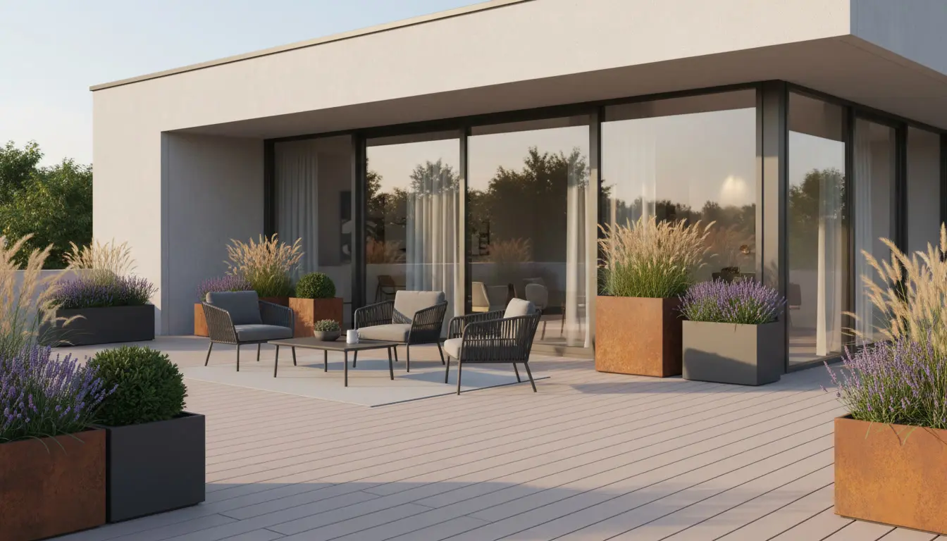 Nowoczesny taras z donicami metalowymi ustawionymi przy balustradzie