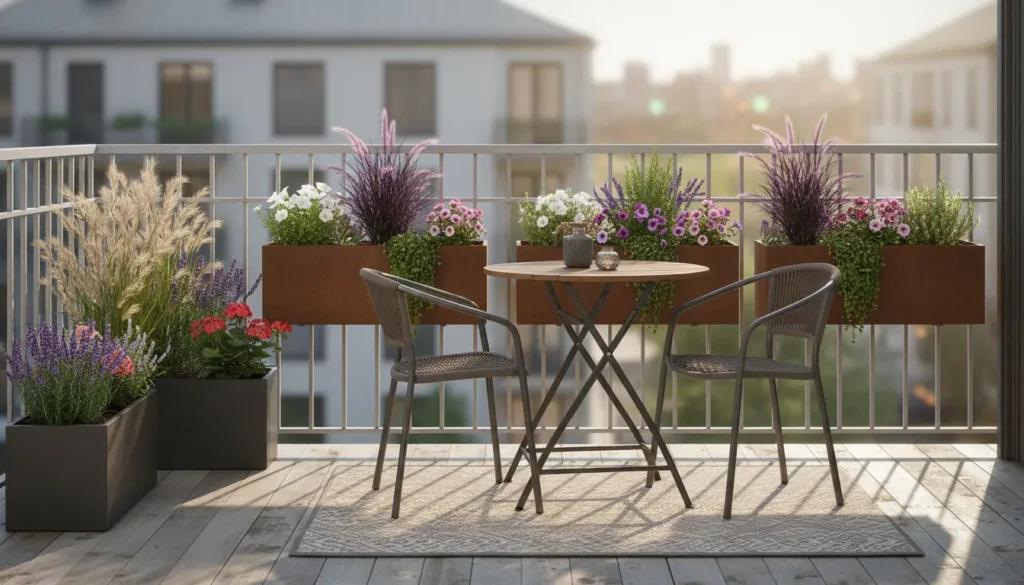 Przytulny balkon w bloku z donicami metalowymi zawieszonymi na balustradzie