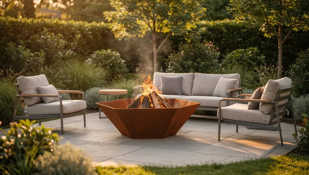 Nowoczesne palenisko ogrodowe z metalu na tarasie przy domu, z płonącymi polanami i wygodnymi fotelami wokół.