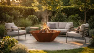 Nowoczesne palenisko ogrodowe z metalu na tarasie przy domu, z płonącymi polanami i wygodnymi fotelami wokół.