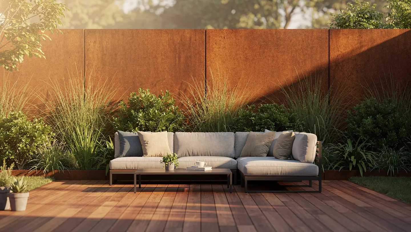 Nowoczesne panele ogrodzeniowe ze stali corten przy tarasie z roślinami