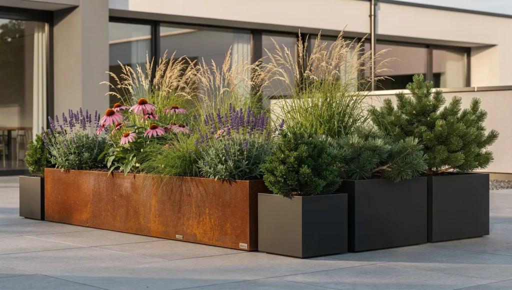 Różne rośliny posadzone w donicach metalowych na nowoczesnym tarasie