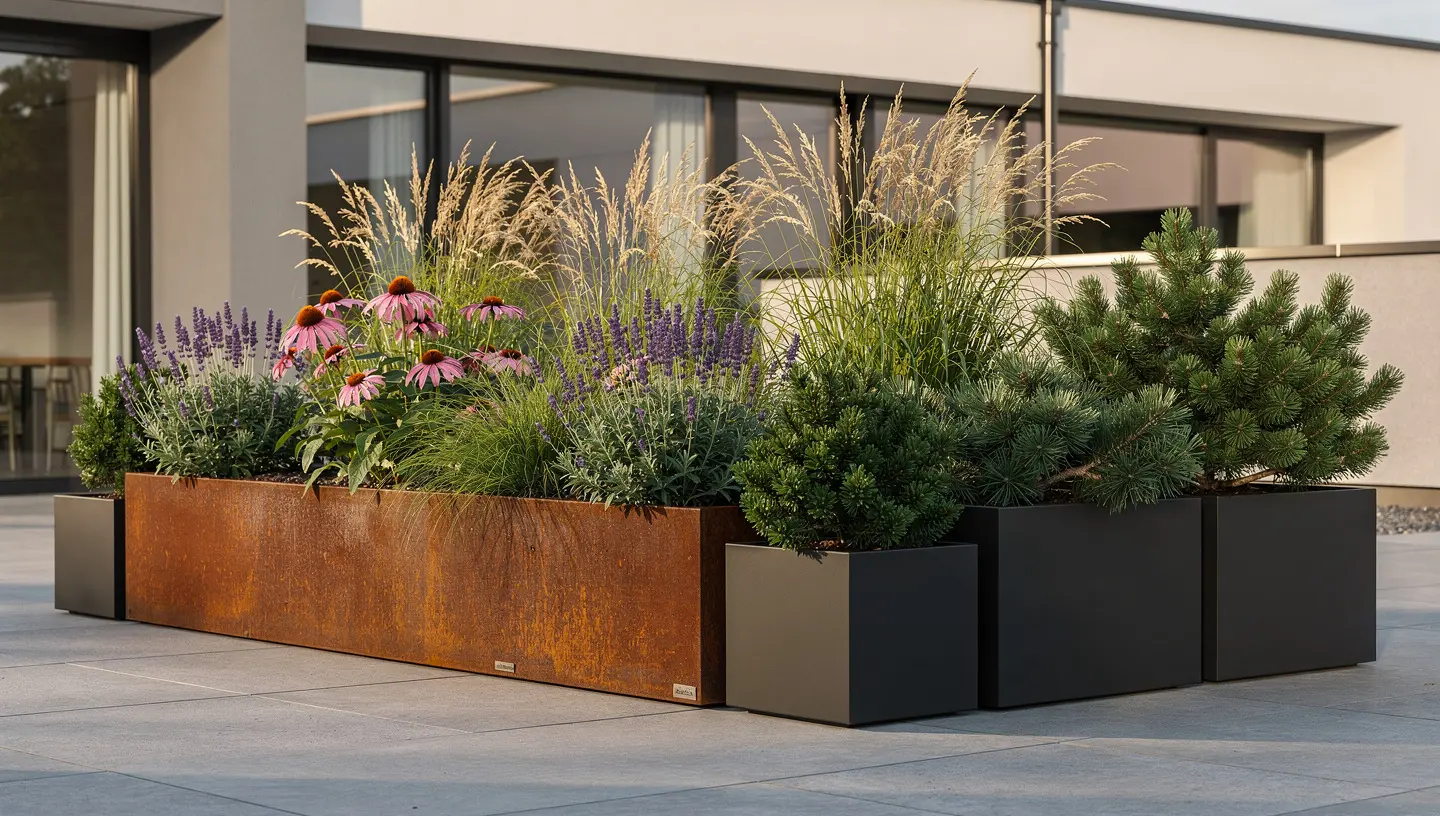 Różne rośliny posadzone w donicach metalowych na nowoczesnym tarasie