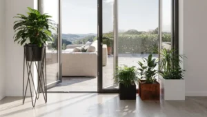 Metalowy kwietnik z donicą obok pojedynczych donic na podłodze w nowoczesnym salonie z wyjściem na taras.