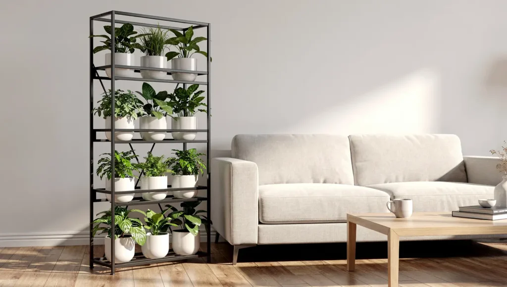 Metalowy stojak na kwiaty z kilkoma donicami obok jasnej sofy w nowoczesnym salonie.