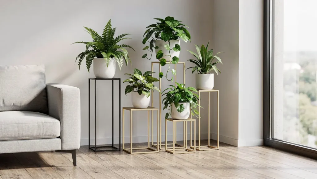 Kilka metalowych kwietników z roślinami ustawionych razem w jednym narożniku nowoczesnego salonu.