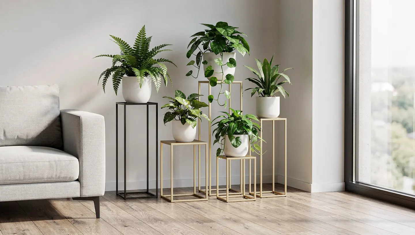 Kilka metalowych kwietników z roślinami ustawionych razem w jednym narożniku nowoczesnego salonu.
