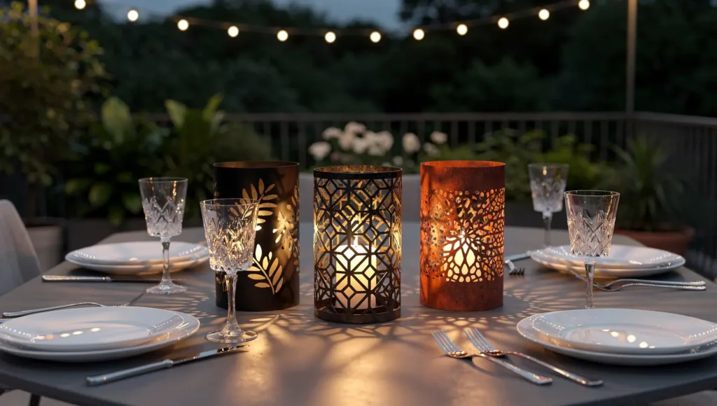 Małe metalowe lampiony dekoracyjne ustawione na stole na tarasie, oświetlające zastawę i tworzące przytulny klimat wieczorem.