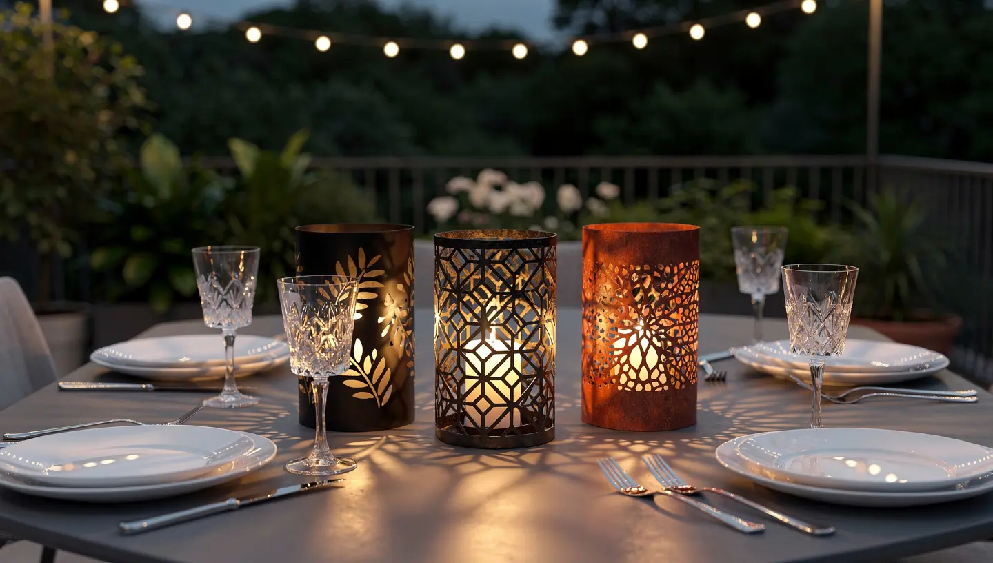 Małe metalowe lampiony dekoracyjne ustawione na stole na tarasie, oświetlające zastawę i tworzące przytulny klimat wieczorem.