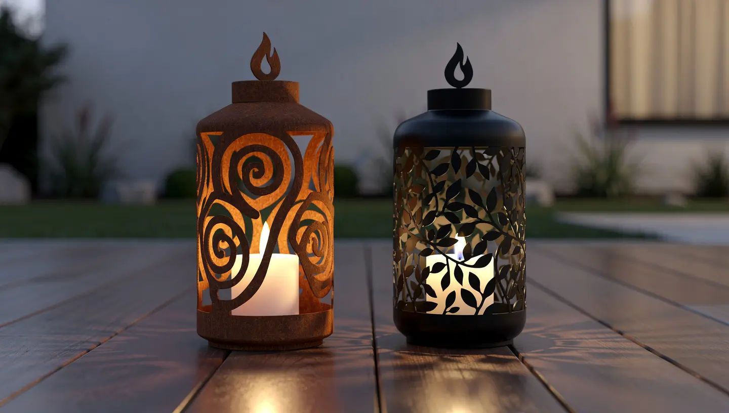 Metalowe lampiony z cortenu i czarnej stali z ażurowym wzorem, jeden z prawdziwą świecą, drugi z wkładem LED, stojące na tarasie po zmroku.