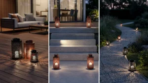 Metalowe lampiony ustawione na tarasie, przy schodach i wzdłuż ogrodowej ścieżki w prostych, powtarzalnych kompozycjach wieczorową porą.