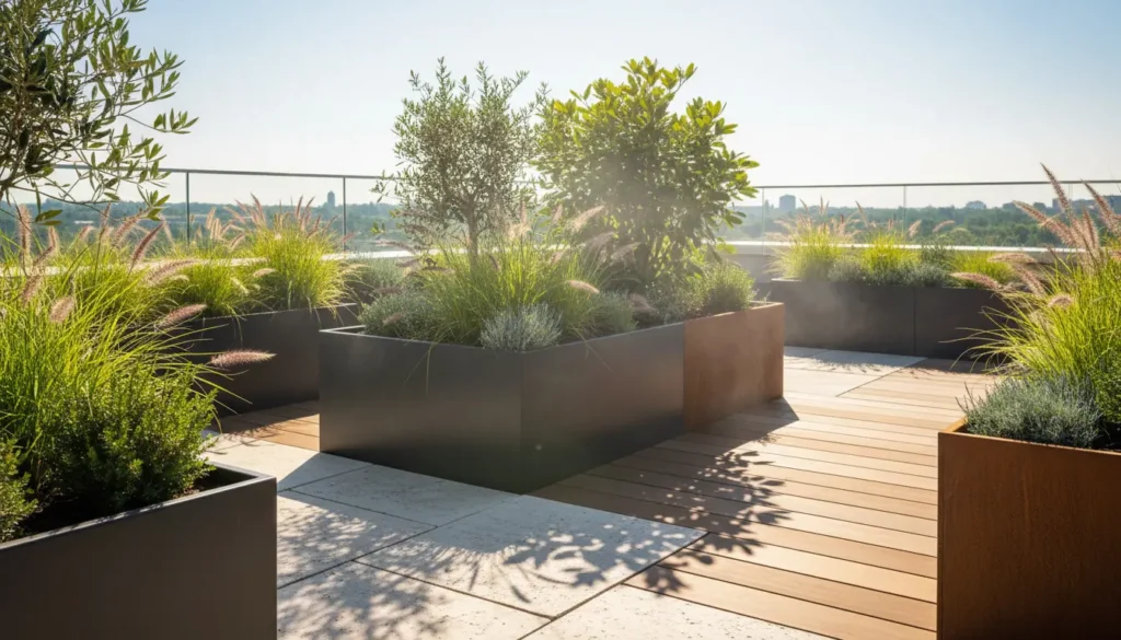 Donice metalowe na nasłonecznionym tarasie w upalny letni dzień