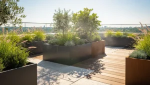 Donice metalowe na nasłonecznionym tarasie w upalny letni dzień