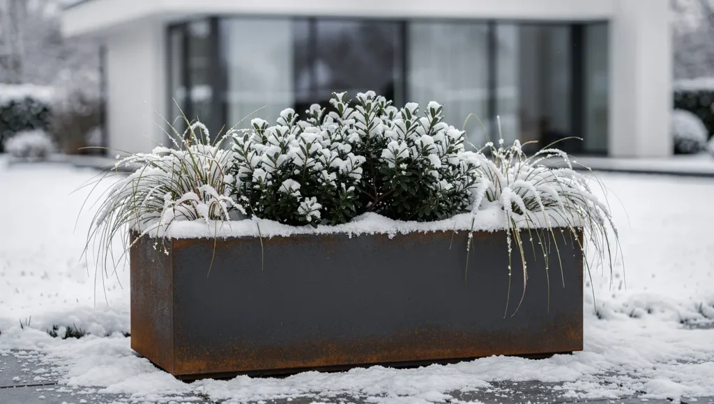 Donica metalowa z roślinami zimozielonymi w ośnieżonym ogrodzie zimą