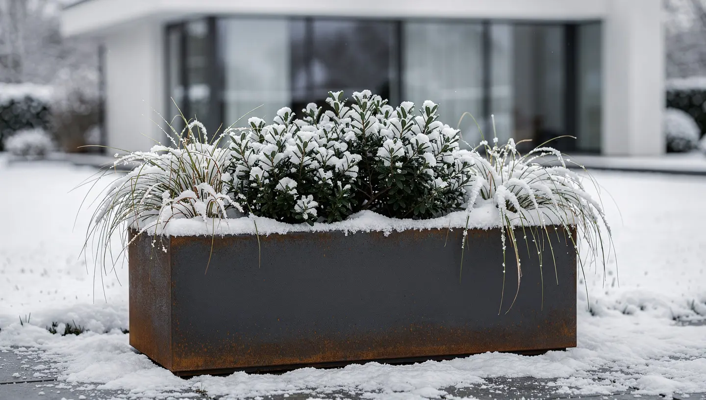 Donica metalowa z roślinami zimozielonymi w ośnieżonym ogrodzie zimą