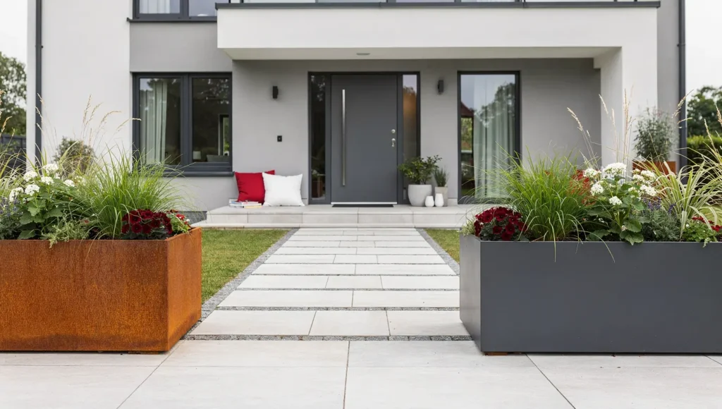 Nowoczesne donice metalowe polskiego producenta ustawione przy wejściu do domu