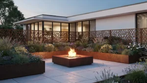 Palenisko ogrodowe na tarasie z metalowymi donicami i panelami dekoracyjnymi przy nowoczesnym domu