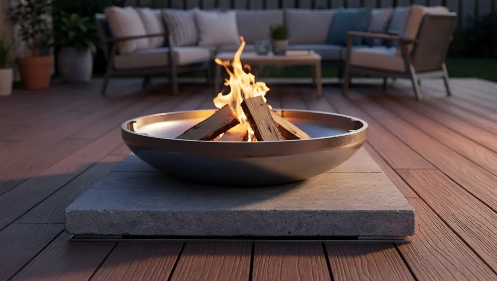 Palenisko ogrodowe ustawione na tarasie z deski kompozytowej na osobnej płycie ochronnej.