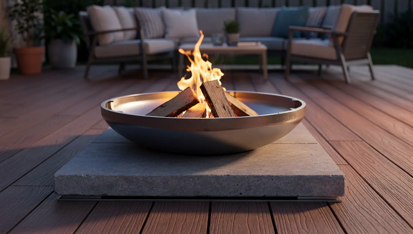 Palenisko ogrodowe ustawione na tarasie z deski kompozytowej na osobnej płycie ochronnej.