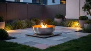 Palenisko ogrodowe z metalu ustawione na niepalnym podłożu z płyt tarasowych w nowoczesnym ogrodzie.