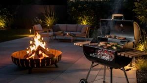 Palenisko ogrodowe i klasyczny grill ustawione obok siebie na tarasie, pokazujące różnice między dekoracyjnym źródłem ognia a urządzeniem do grillowania.