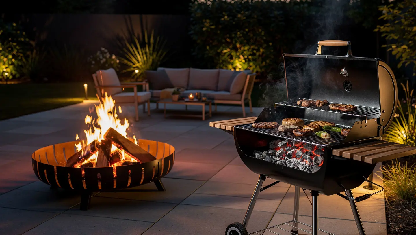 Palenisko ogrodowe i klasyczny grill ustawione obok siebie na tarasie, pokazujące różnice między dekoracyjnym źródłem ognia a urządzeniem do grillowania.