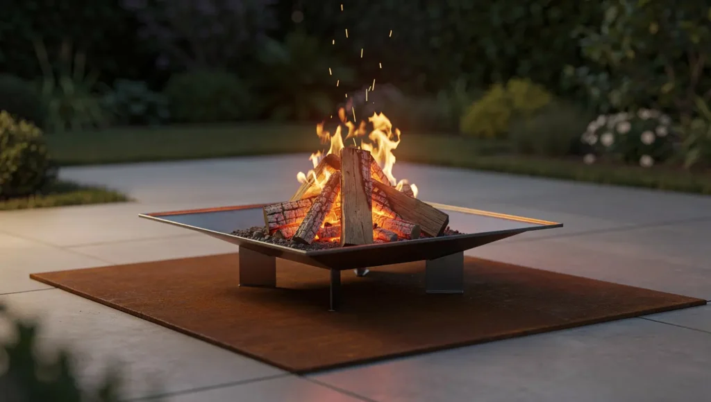 Palenisko ogrodowe ustawione na stalowej podkładce, która zabezpiecza płyty tarasowe przed iskrami i żarem.