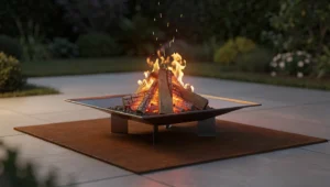 Palenisko ogrodowe ustawione na stalowej podkładce, która zabezpiecza płyty tarasowe przed iskrami i żarem.