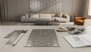 Projekt wyceny metalowego panelu dekoracyjnego z miarką, próbkami materiałów i kalkulatorem na tle nowoczesnego salonu.