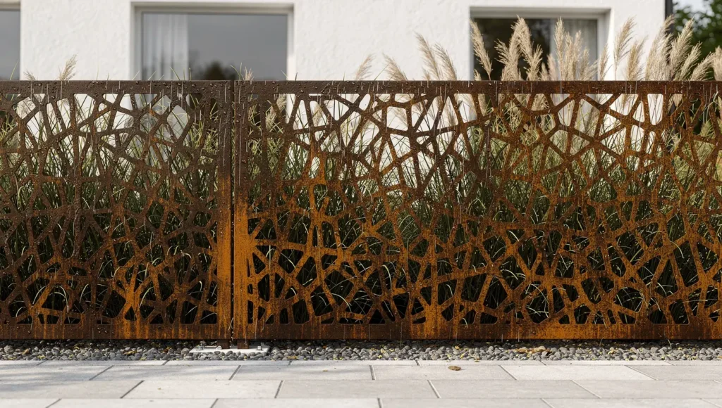 Nowoczesne ogrodzenie ogrodowe z paneli corten z wyraźną rdzawą patyną w ogrodzie przy domu.