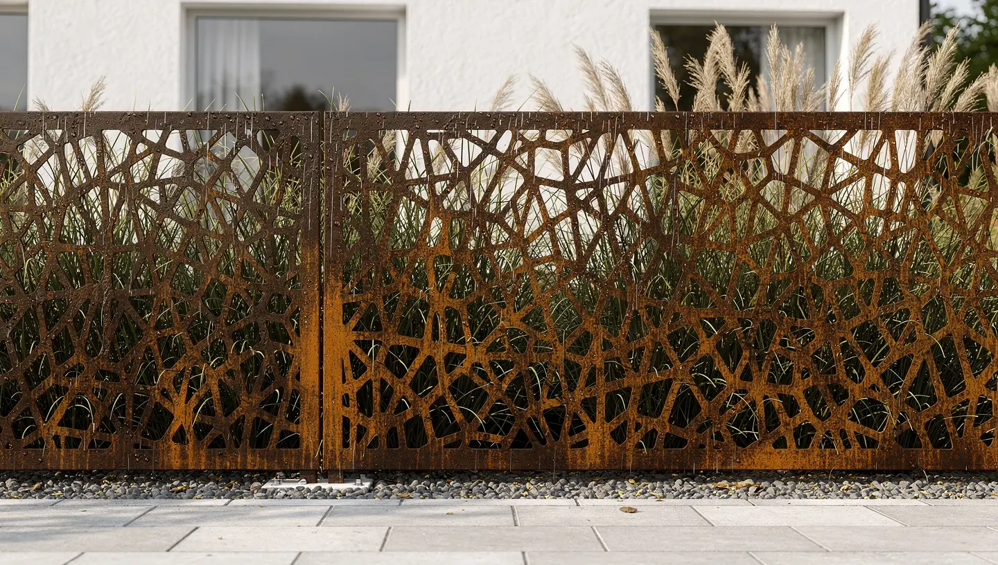 Nowoczesne ogrodzenie ogrodowe z paneli corten z wyraźną rdzawą patyną w ogrodzie przy domu.