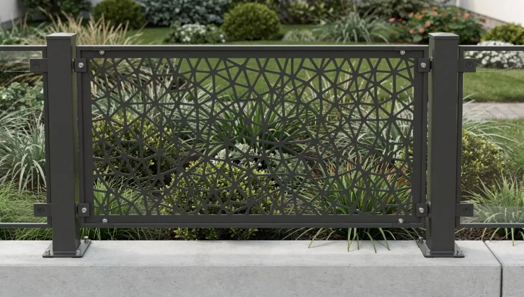 Montaż panelu dekoracyjnego z metalu między stalowymi słupkami nowoczesnego ogrodzenia.