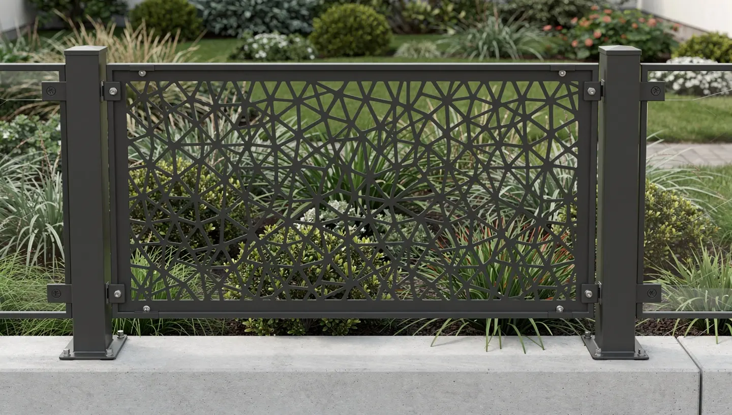 Montaż panelu dekoracyjnego z metalu między stalowymi słupkami nowoczesnego ogrodzenia.