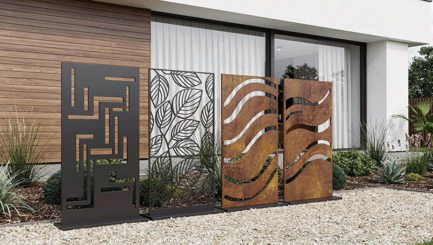 Różne wzory paneli ogrodowych z metalu dopasowane do stylu nowoczesnego domu i ogrodu.