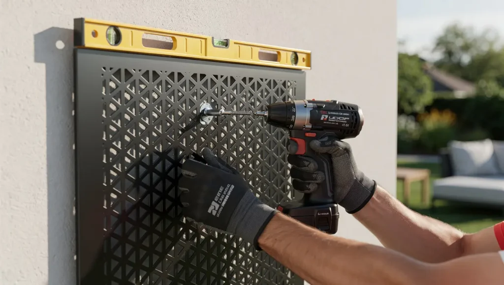 Montaż czarnego metalowego panelu dekoracyjnego na jasnej ścianie tarasu z użyciem wkrętarki i poziomicy.