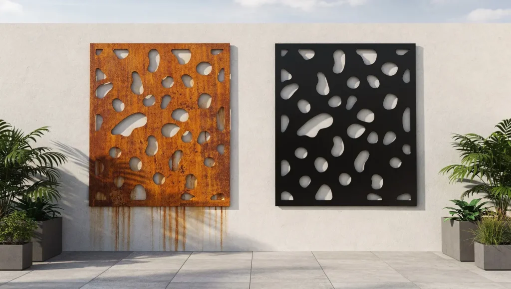 Metalowe panele dekoracyjne z cortenu i stali malowanej proszkowo zamontowane obok siebie na ścianie zewnętrznej tarasu.