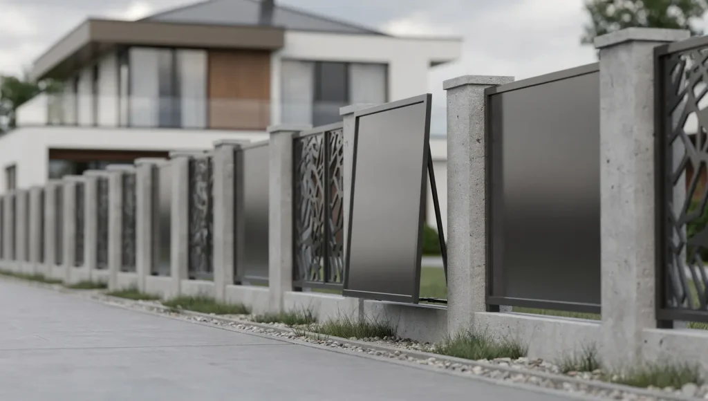 Ogrodzenie murowane z panelami metalowymi, w którym widać różnicę między prawidłowym i krzywym montażem przęsła.