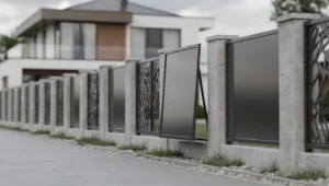 Ogrodzenie murowane z panelami metalowymi, w którym widać różnicę między prawidłowym i krzywym montażem przęsła.