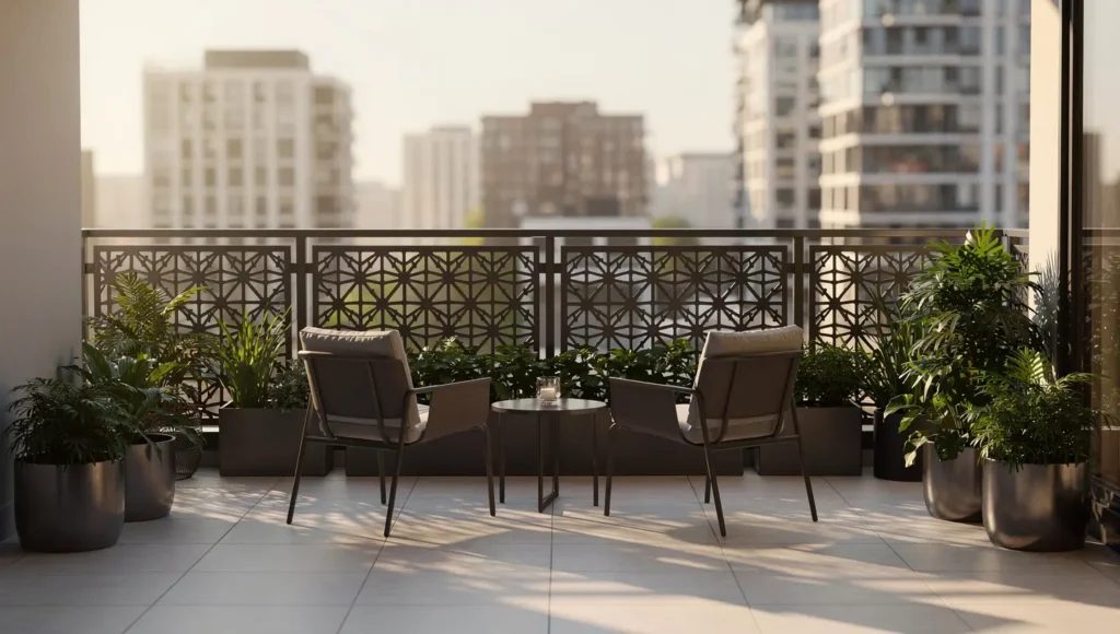 Nowoczesny balkon w bloku osłonięty dekoracyjnymi panelami metalowymi montowanymi do balustrady.