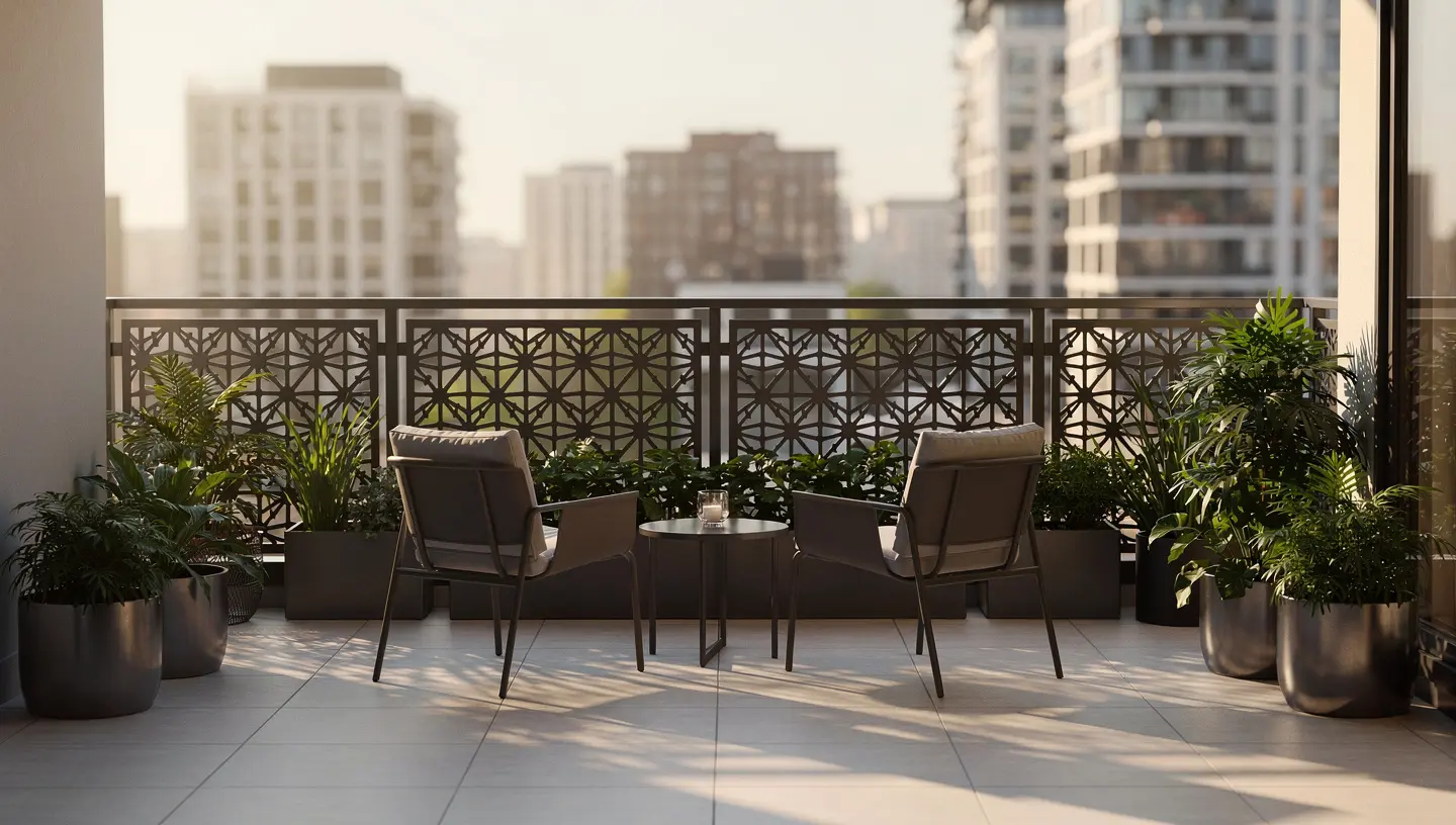 Nowoczesny balkon w bloku osłonięty dekoracyjnymi panelami metalowymi montowanymi do balustrady.