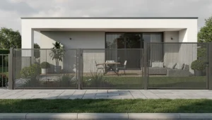Nowoczesne ogrodzenie z paneli ażurowych o różnych wysokościach przy domu w stylu modern.