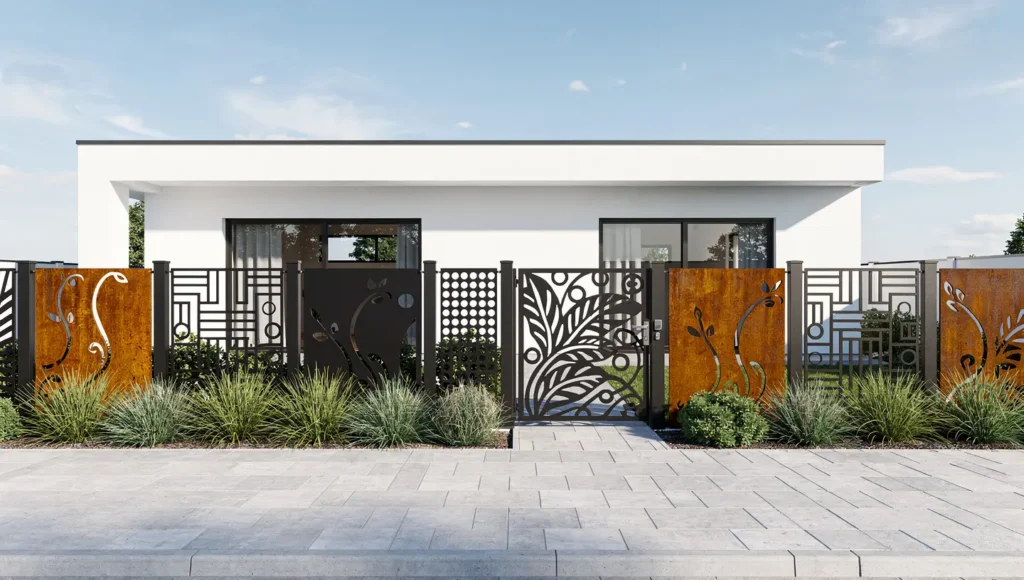 Nowoczesny dom z minimalistycznym ogrodzeniem z paneli metalowych w kolorze czarnym i corten.