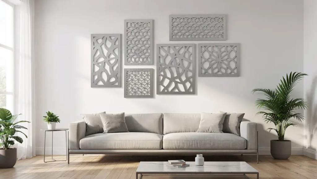 Ściana nowoczesnego salonu z kilkoma metalowymi panelami dekoracyjnymi ułożonymi w większą kompozycję nad sofą.