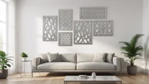 Ściana nowoczesnego salonu z kilkoma metalowymi panelami dekoracyjnymi ułożonymi w większą kompozycję nad sofą.