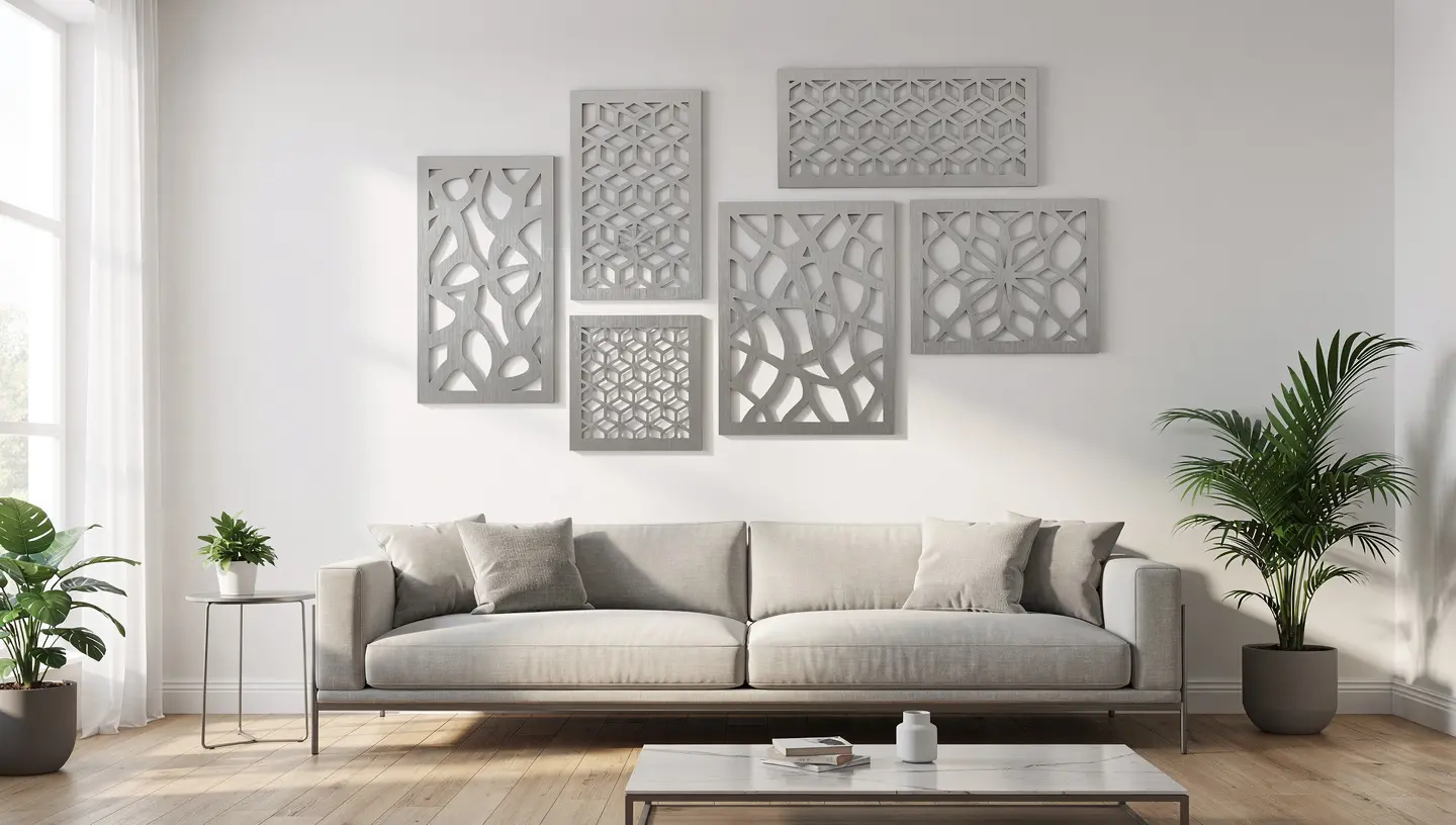 Ściana nowoczesnego salonu z kilkoma metalowymi panelami dekoracyjnymi ułożonymi w większą kompozycję nad sofą.