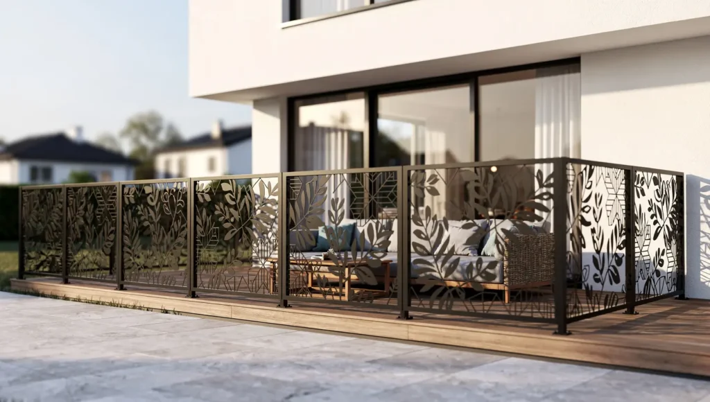 Nowoczesne panele metalowe osłaniające taras przed wzrokiem sąsiadów przy domu w stylu modern.