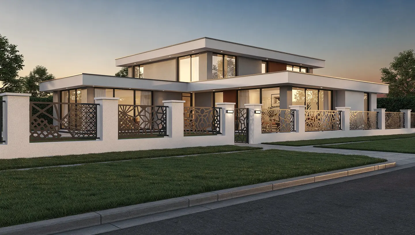 Nowoczesny dom jednorodzinny z ogrodzeniem murowanym wypełnionym dekoracyjnymi panelami metalowymi.